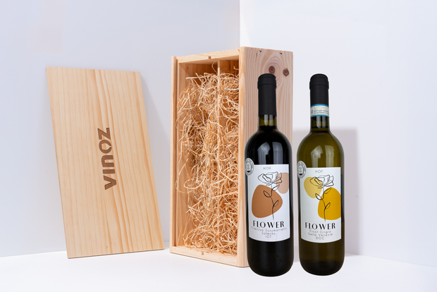 2-Vaks Wijnkist met Gravering en Flower Rode & Witte Wijn