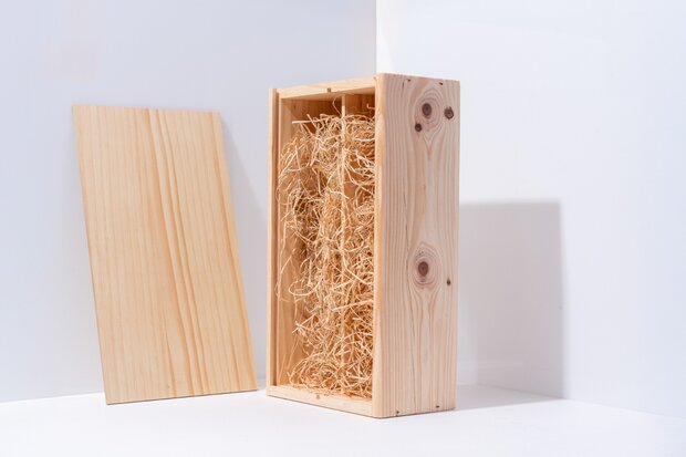 Houten wijnkist 2-vaks met gratis houtwol – Luxe cadeauverpakking voor 2 flessen wijn - Afbeelding 2